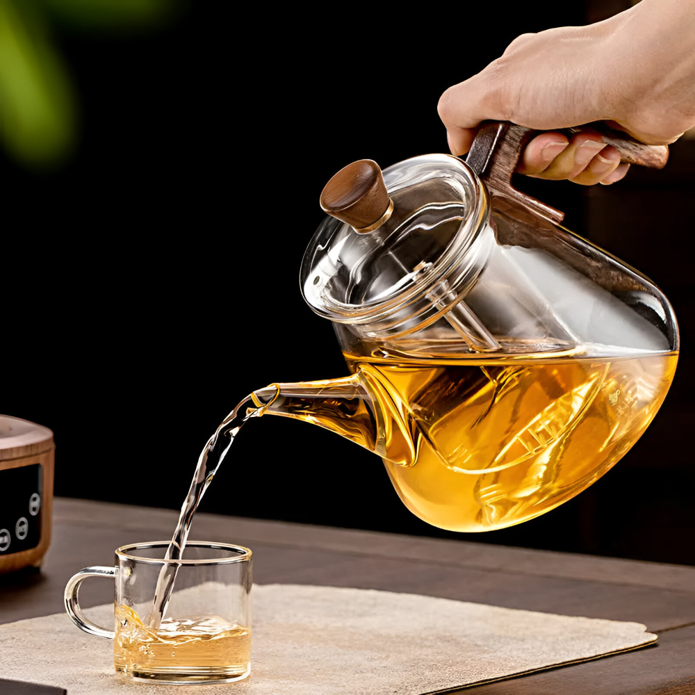 Glas Teekanne 900ml mit Sieb - Borosilikatglas Teezubereiter mit Holzgriff & Deckel