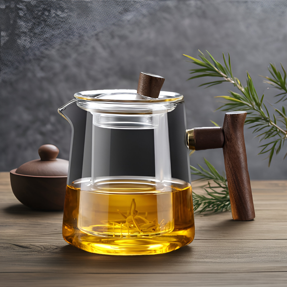 Glas Teekanne mit Sieb & Holzgriff – Teebereiter, 550ml-850ml