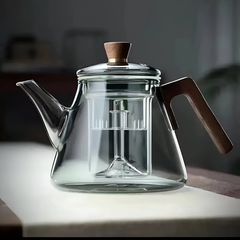 Glas Teekanne 900ml mit Sieb - Borosilikatglas Teezubereiter mit Holzgriff & Deckel