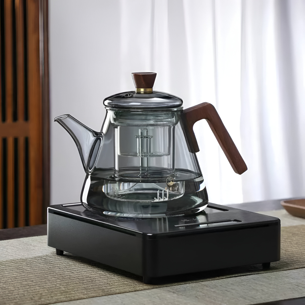 Glas Teekanne 900ml mit Sieb - Borosilikatglas Teezubereiter mit Holzgriff & Deckel