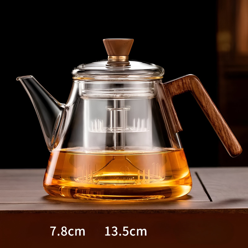 Glas Teekanne 900ml mit Sieb - Borosilikatglas Teezubereiter mit Holzgriff & Deckel