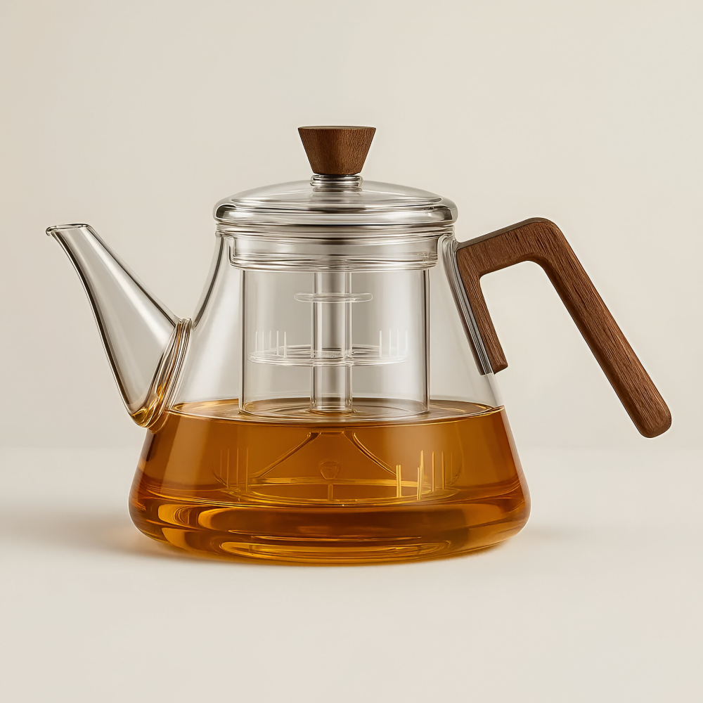 Glas Teekanne 900ml mit Sieb - Borosilikatglas Teezubereiter mit Holzgriff & Deckel