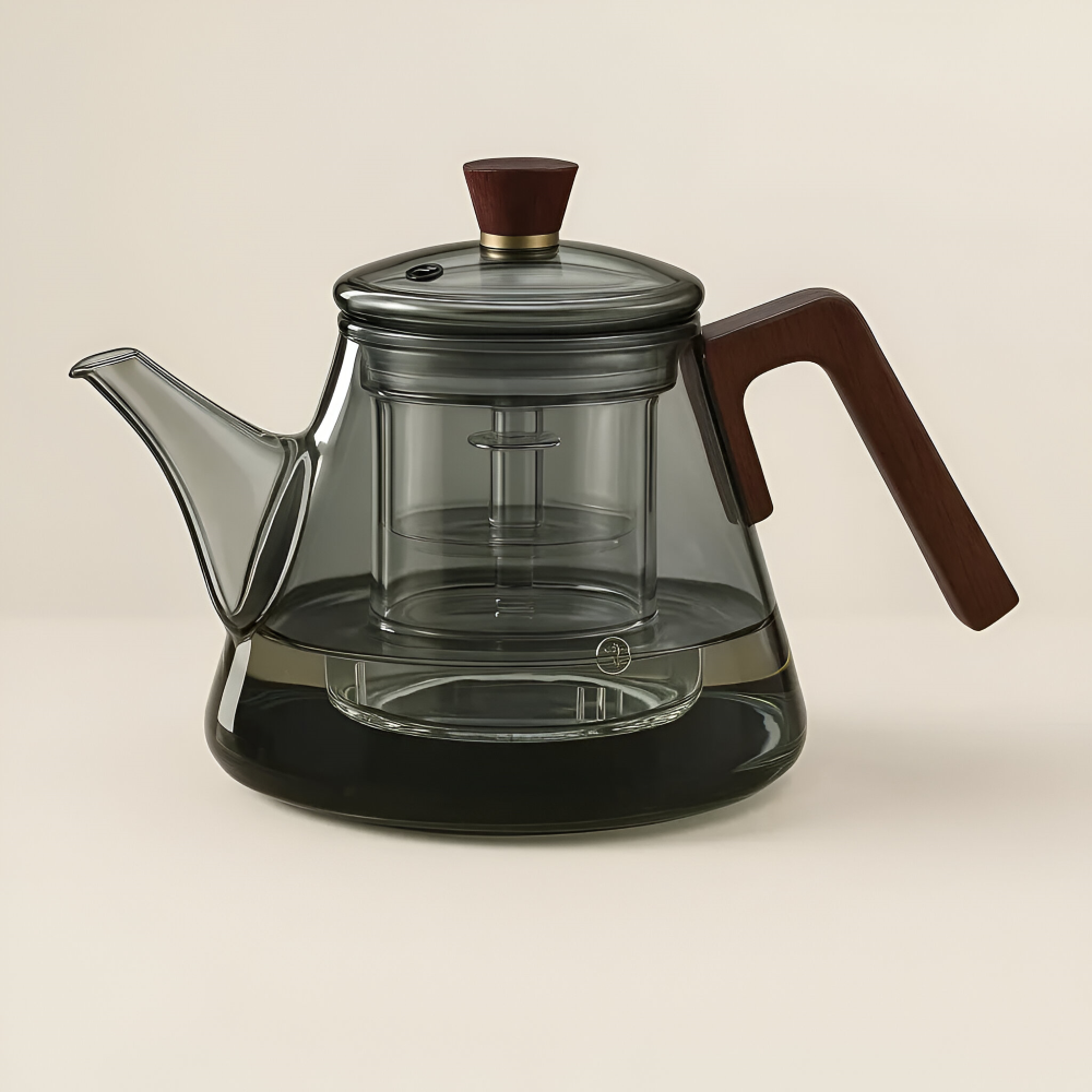 Glas Teekanne 900ml mit Sieb - Borosilikatglas Teezubereiter mit Holzgriff & Deckel