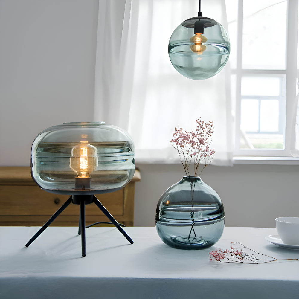 GlossiQuad Tischlampe - Vintage Dome Quadpod Design E27 Glas Schreibtischlampe