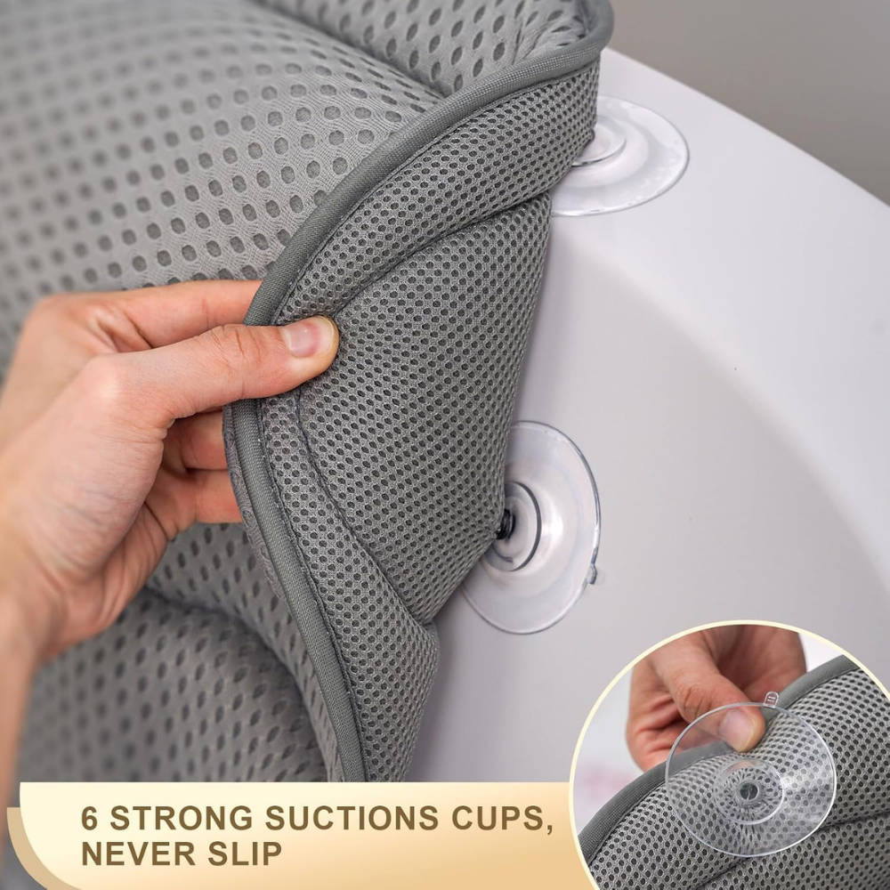 Graues Badewannenkissen mit Nacken- und Rückenstütze – Ergonomisches 4D-Air-Mesh Badekissen mit Saugnäpfen