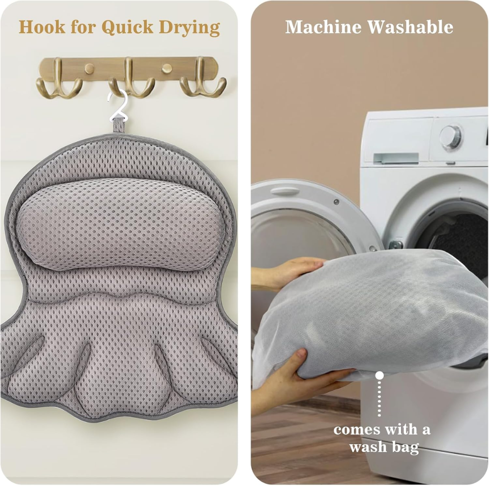 Graues Badewannenkissen mit Nacken- und Rückenstütze – Ergonomisches 4D-Air-Mesh Badekissen mit Saugnäpfen