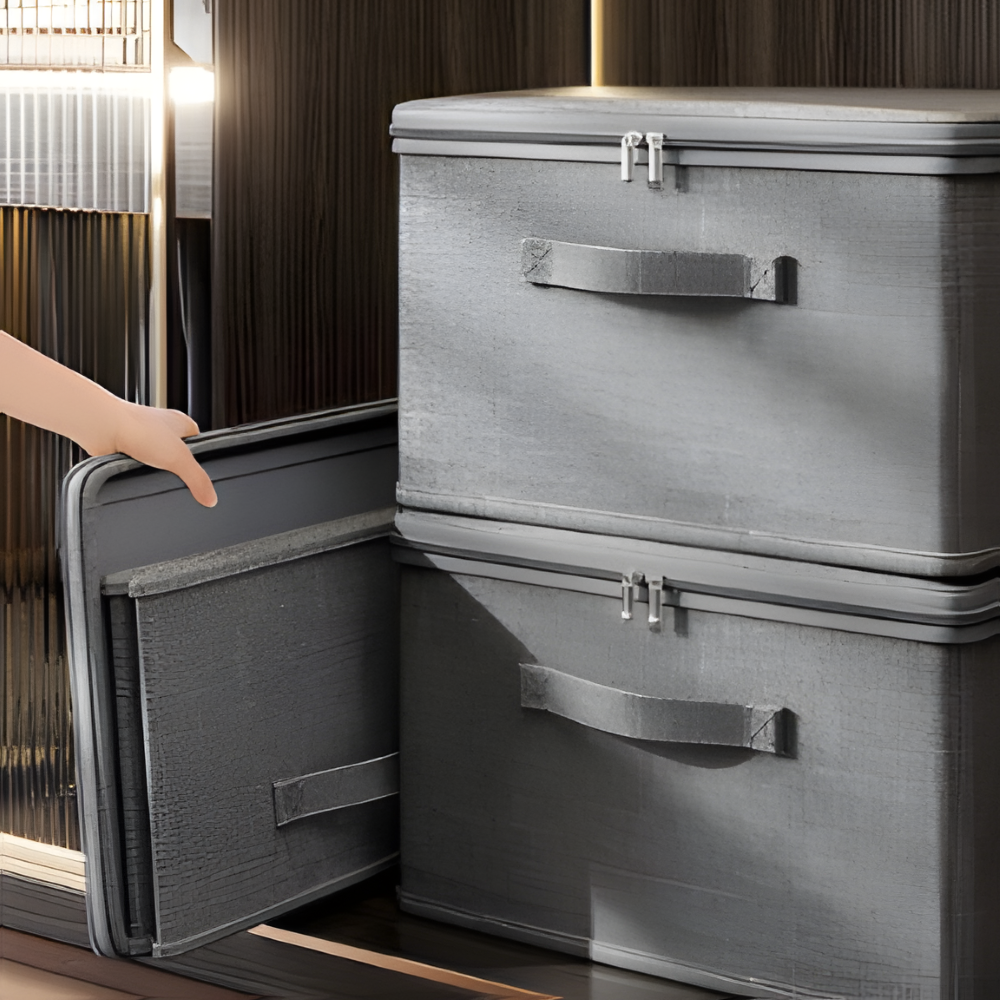 Grau Stoff-Aufbewahrungsbox mit Deckel – Faltbare Kleiderbox, Waschbar
