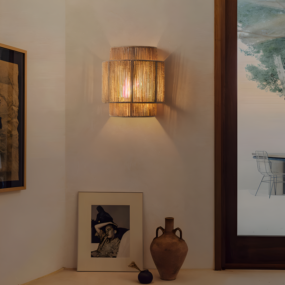 Hanf Wandleuchte - Hanfseil Rattan Lampenschirm - Boho Wanddekoration