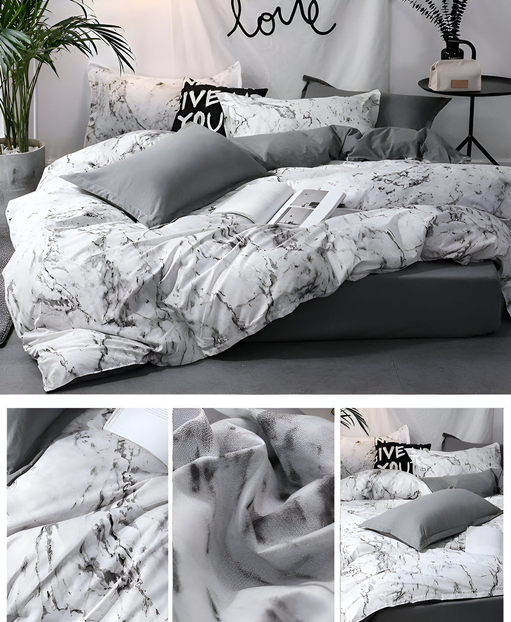 Elegantes Schwarzes Marmor 3-teiliges Bettwäsche Set - Luxuriöse Bettbezug Kollektion