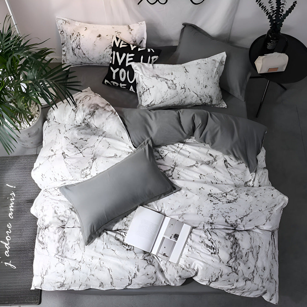 Elegantes Schwarzes Marmor 3-teiliges Bettwäsche Set - Luxuriöse Bettbezug Kollektion