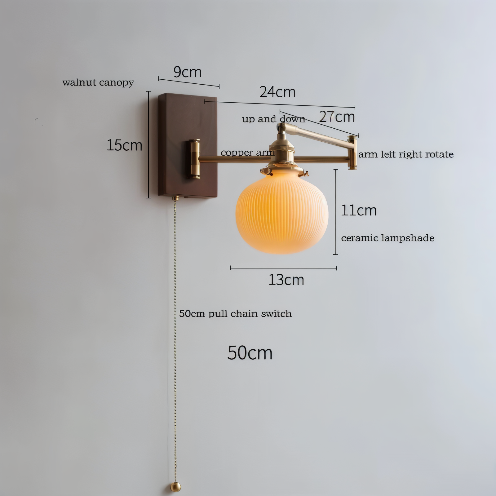 EzyGlow Wandleuchte - Stilvolle Keramische Gerippte Wandlampe - Verstellbare Wandleuchten LED mit Zugkettenschalter