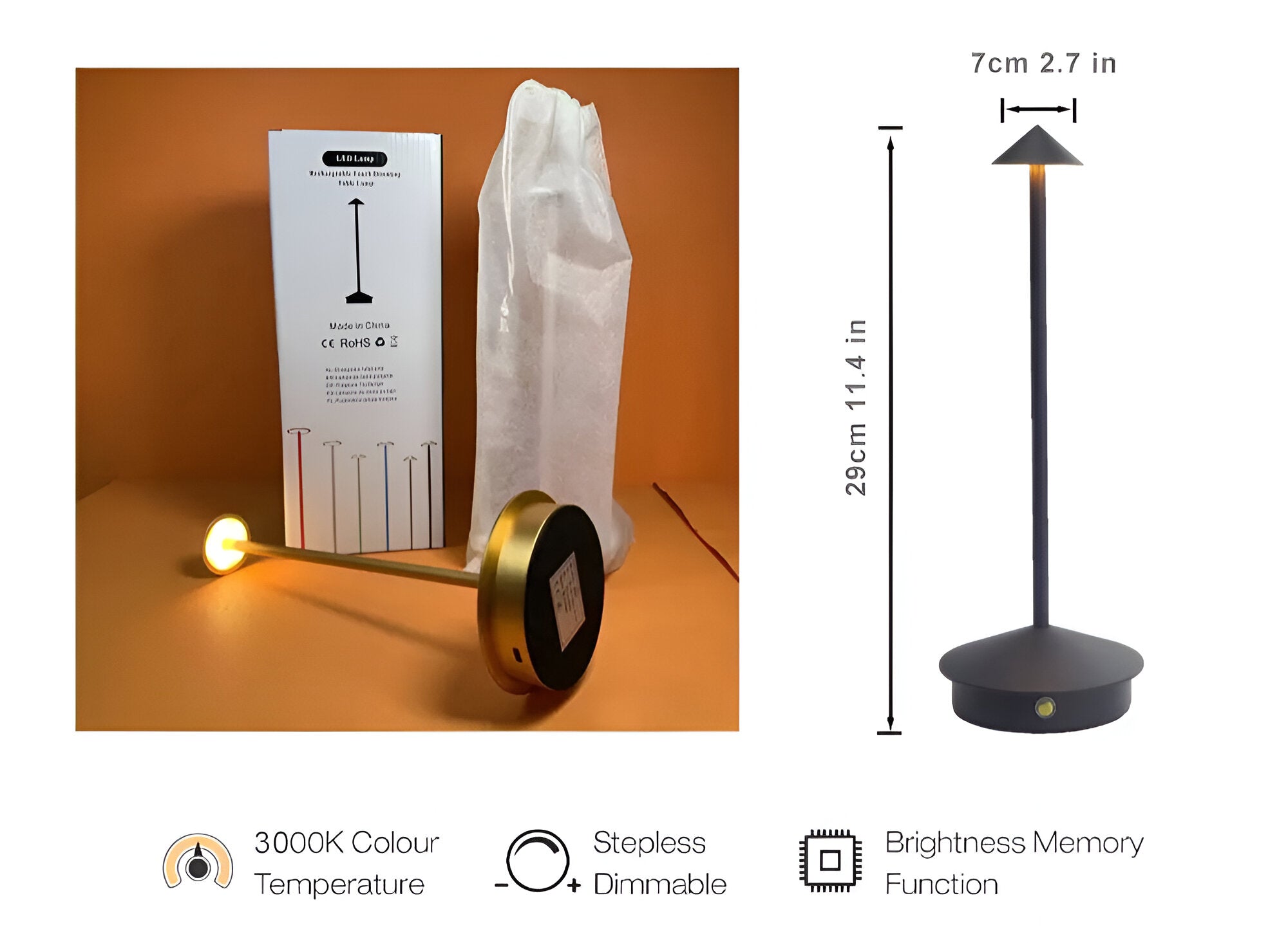 IllumeCone Tischlampe - Kabellose, Dimmbare, Wasserdichte Schreibtischlampe