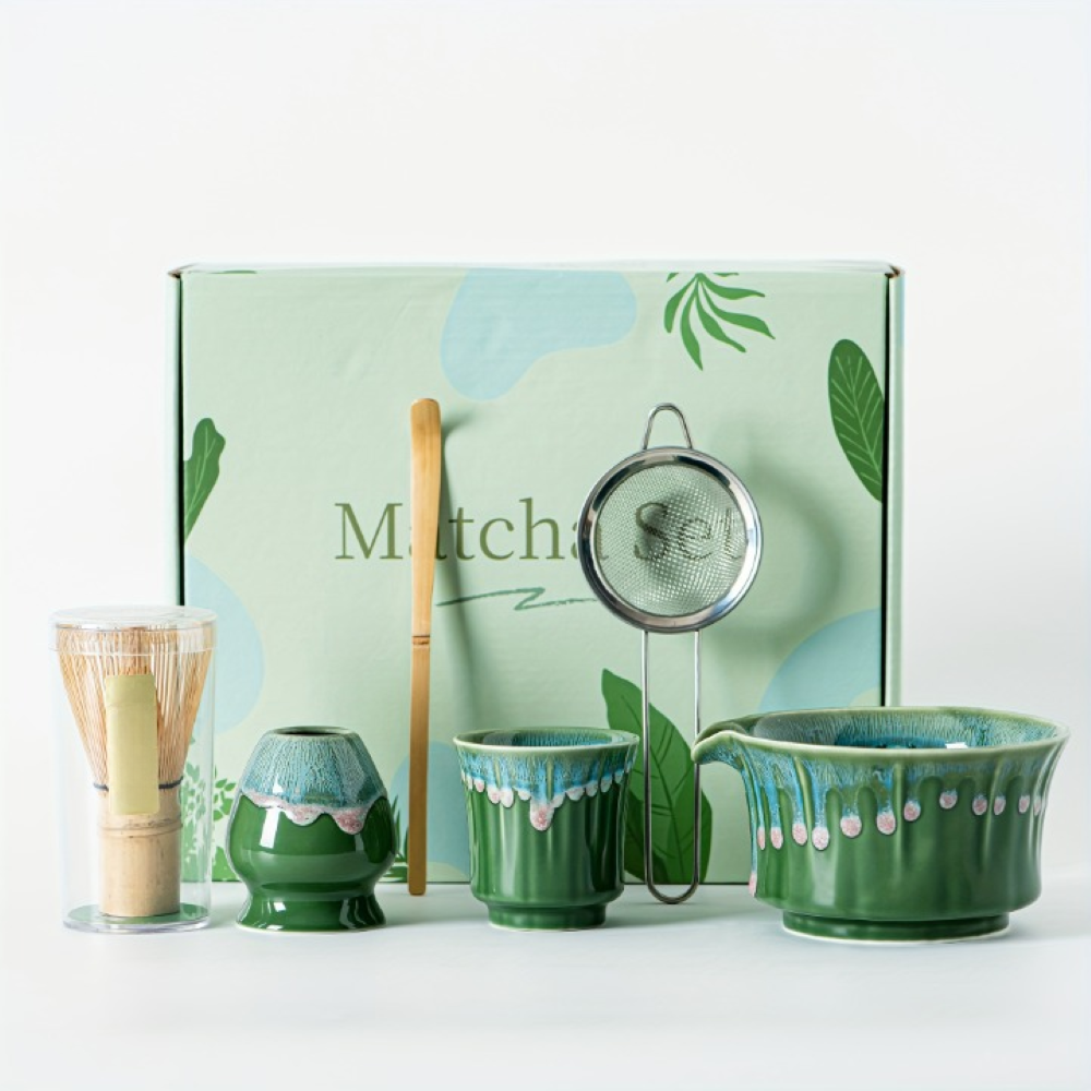 Japanisches Matcha Tee Set - 6-teilig - Keramik Matcha Schale, Bambusbesen, Sieb & Löffel - Geschenkset