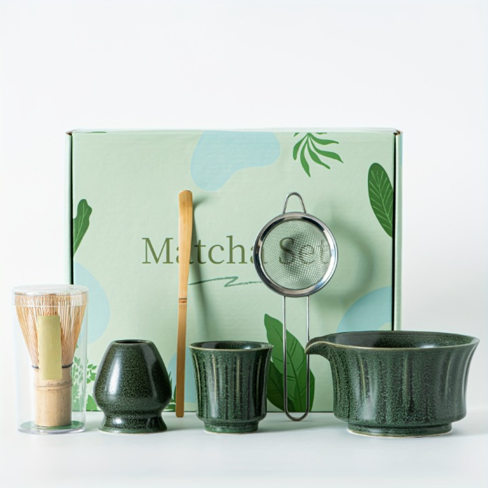 Japanisches Matcha Tee Set - 6-teilig - Keramik Matcha Schale, Bambusbesen, Sieb & Löffel - Geschenkset