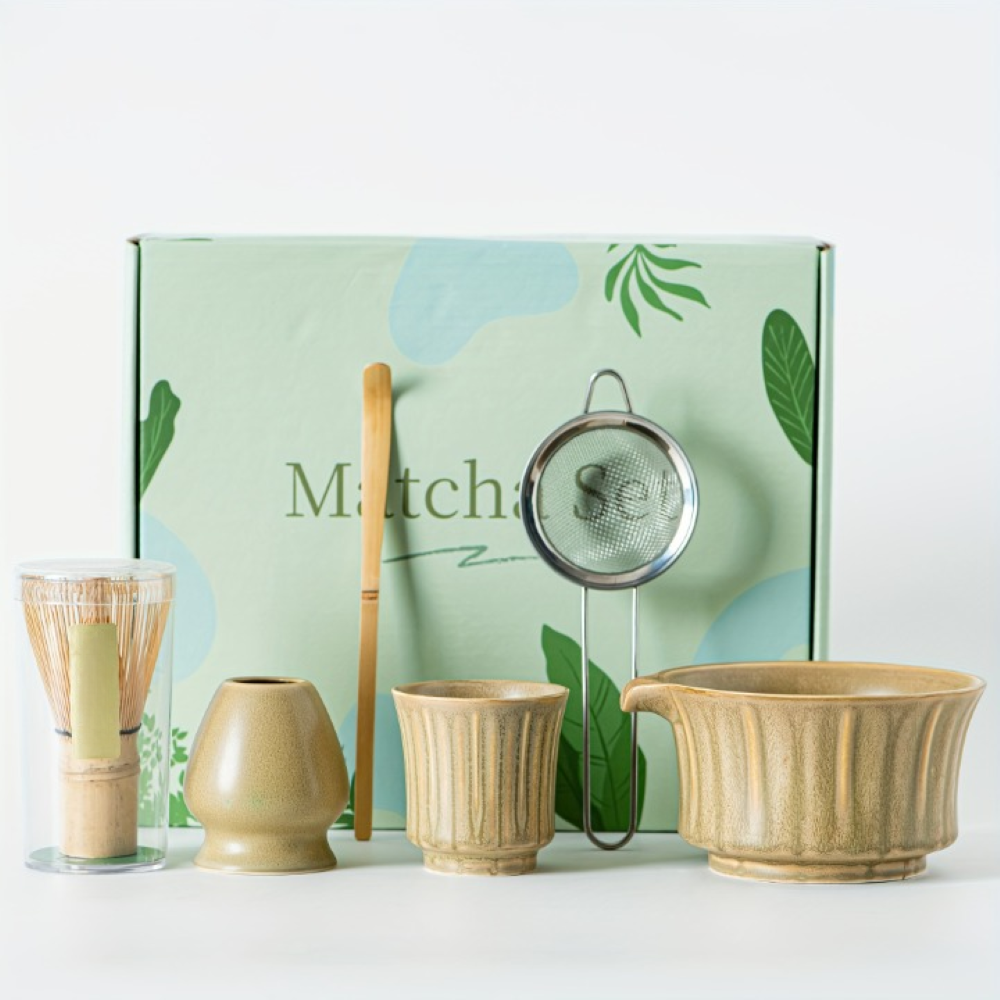 Japanisches Matcha Tee Set - 6-teilig - Keramik Matcha Schale, Bambusbesen, Sieb & Löffel - Geschenkset
