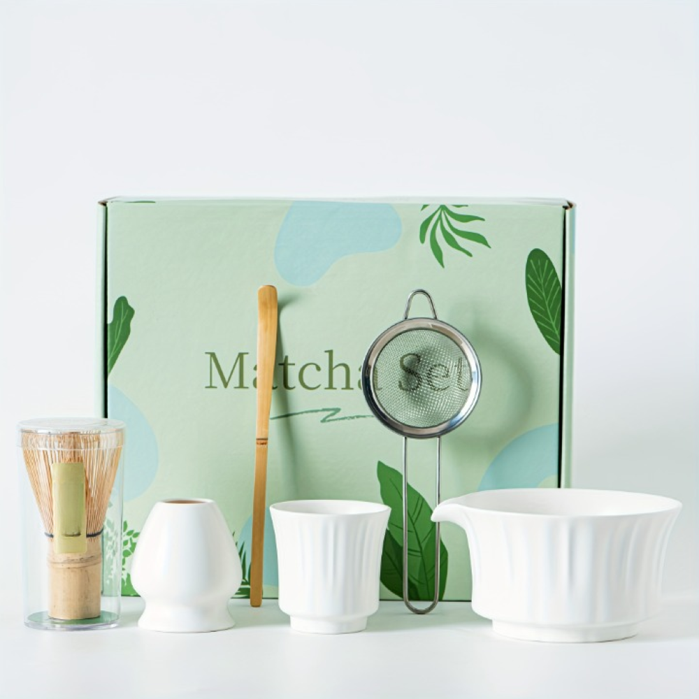 Japanisches Matcha Tee Set - 6-teilig - Keramik Matcha Schale, Bambusbesen, Sieb & Löffel - Geschenkset