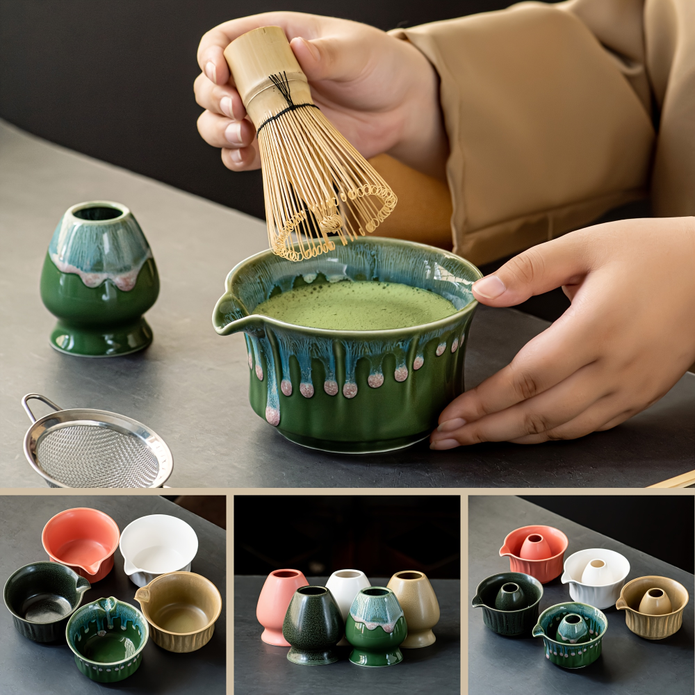 Japanisches Matcha Tee Set - 6-teilig - Keramik Matcha Schale, Bambusbesen, Sieb & Löffel - Geschenkset