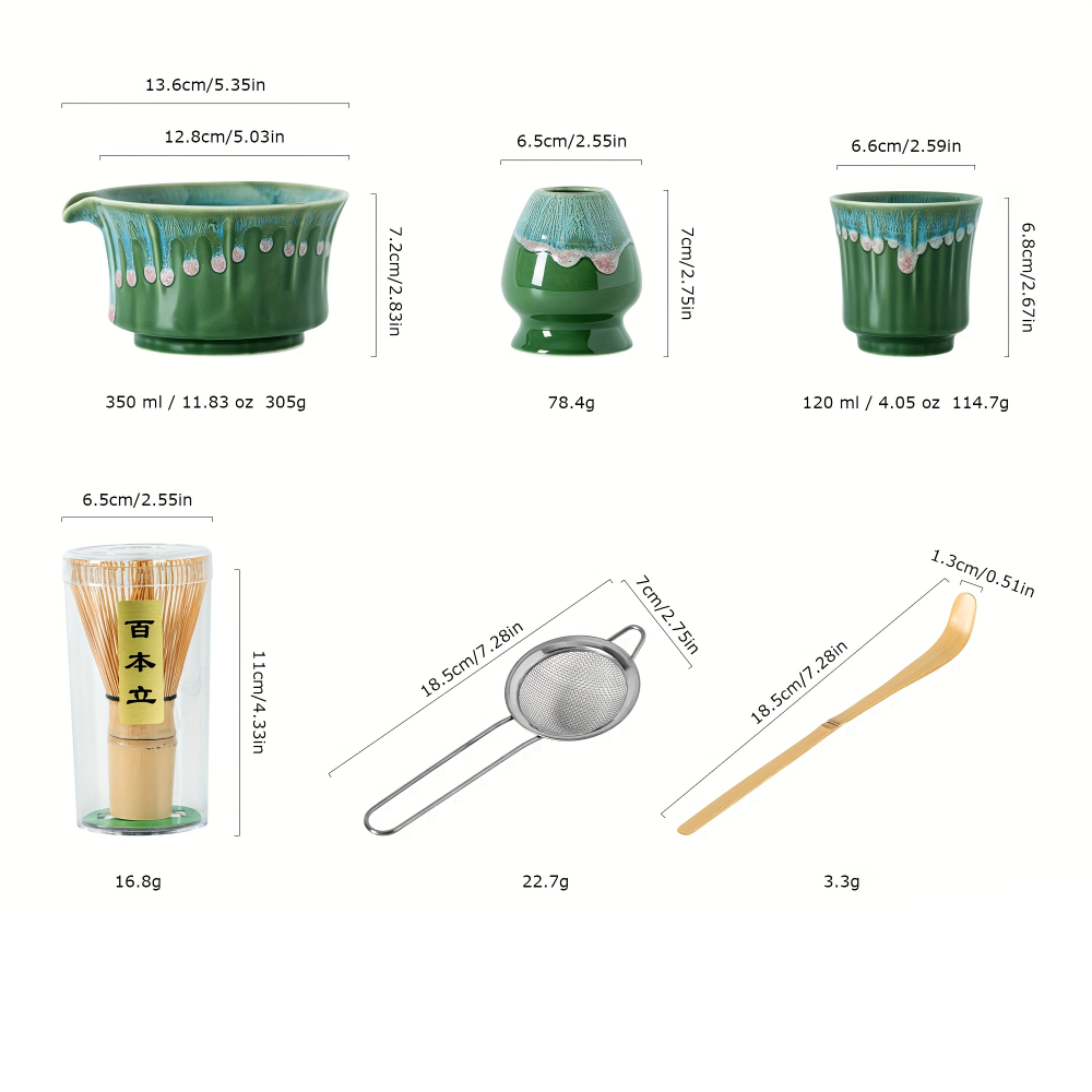 Japanisches Matcha Tee Set - 6-teilig - Keramik Matcha Schale, Bambusbesen, Sieb & Löffel - Geschenkset