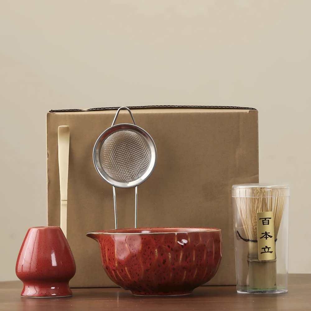 Authentisches Japanisches Tee-Set für Matcha – 5-tlg. Zubehör mit handgefertigter Keramikschale, Sieb & Bambuslöffel