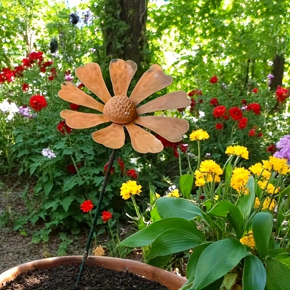 Kamille Gartenstecker aus Metall - Rustikale Gänseblümchen Gartenfigur 65cm - Wetterfeste Blumenskulptur Gartendeko