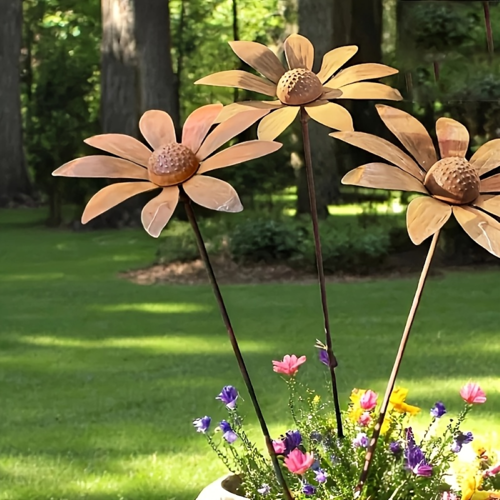 Kamille Gartenstecker aus Metall - Rustikale Gänseblümchen Gartenfigur 65cm - Wetterfeste Blumenskulptur Gartendeko