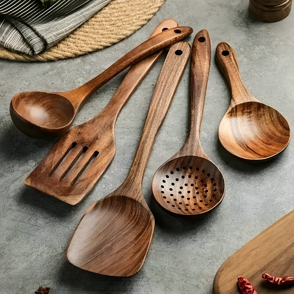 Küchenutensilien Set aus Walnussholz - 5 tlg. Holz-Kochlöffel & Pfannenwender