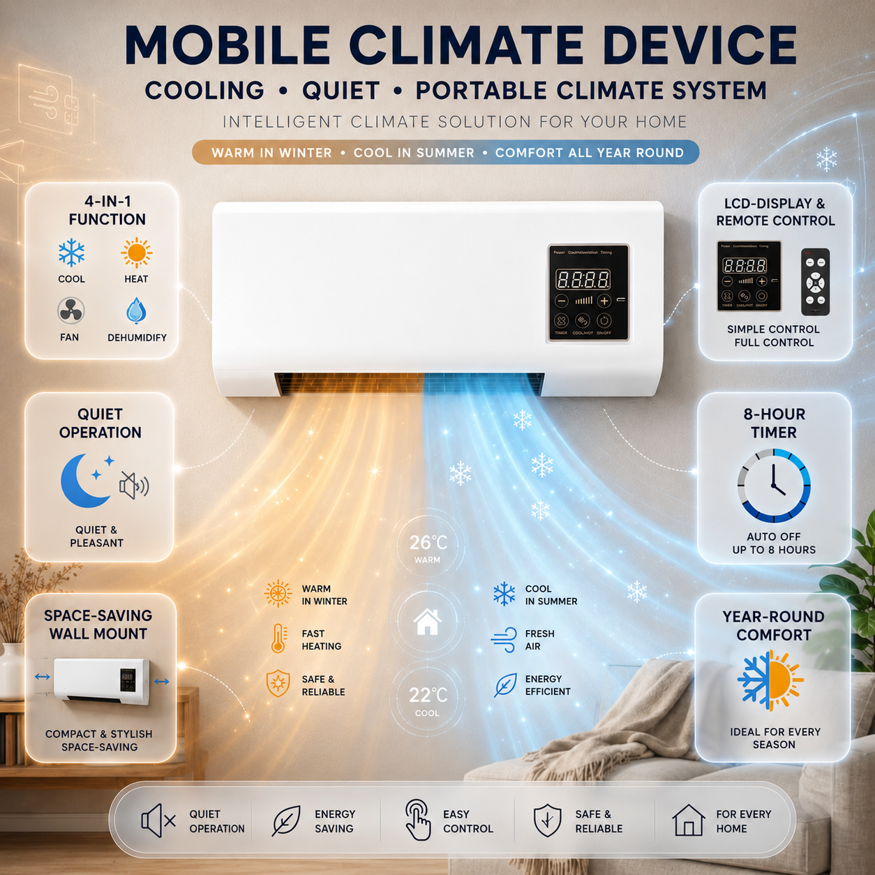 Kompakte Wandklimaanlage 4-in-1 – Weiße Klimaanlage ohne Außengerät für ganzjährigen Komfort 3