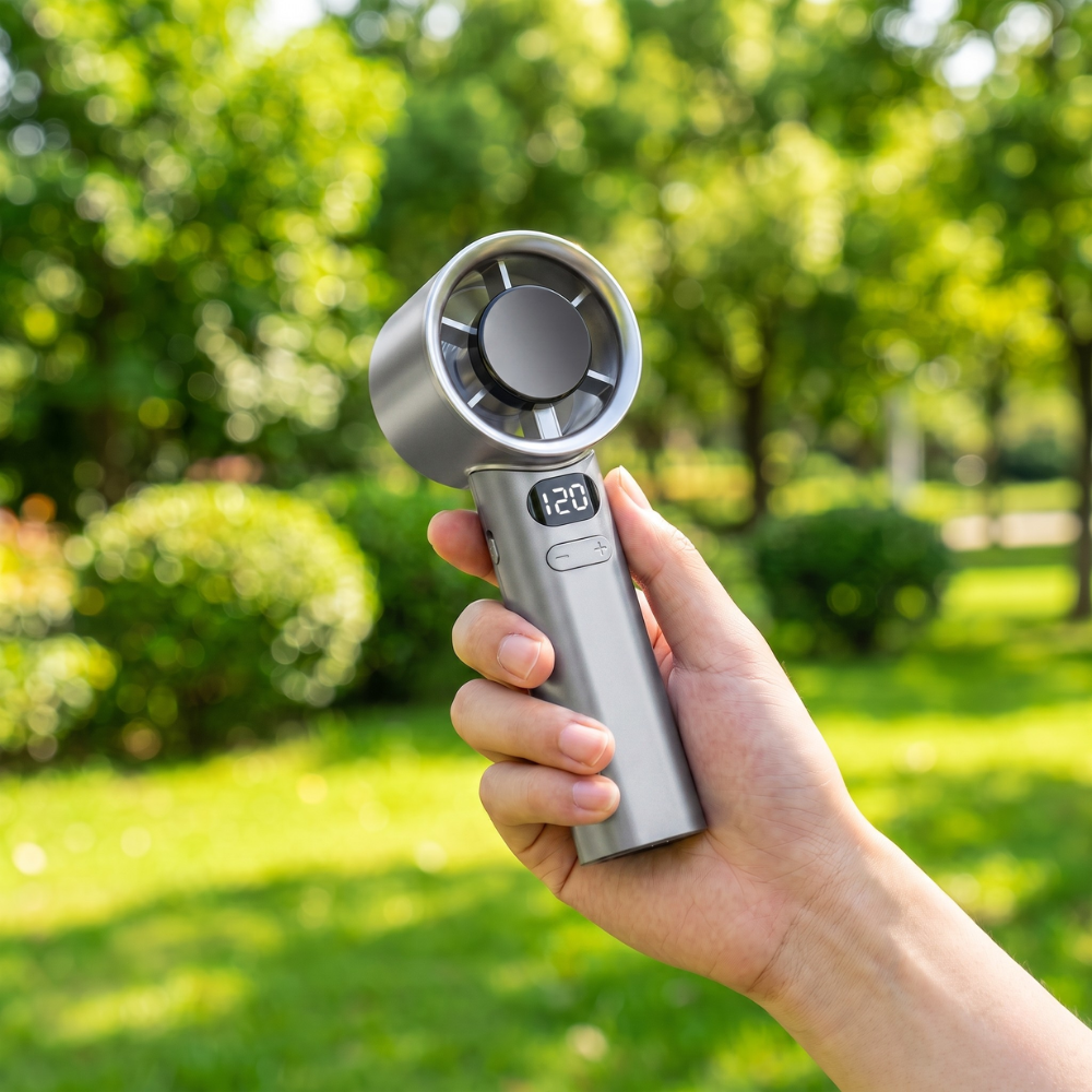 Wiederaufladbarer Handventilator mit Digitalanzeige – kompakter USB-Mini-Ventilator mit stufenloser Geschwindigkeitsregelung für Reise, Büro und Zuhause