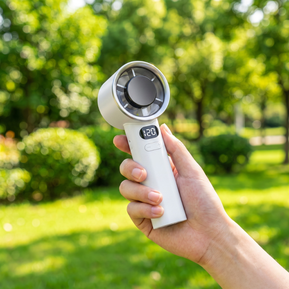 Wiederaufladbarer Handventilator mit Digitalanzeige – kompakter USB-Mini-Ventilator mit stufenloser Geschwindigkeitsregelung für Reise, Büro und Zuhause