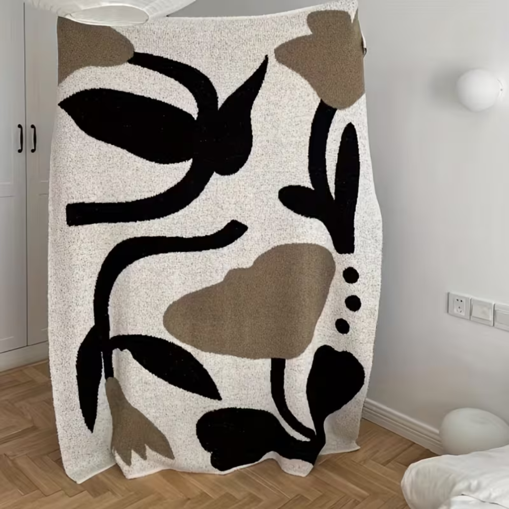 Kuscheldecke Beige Schwarz – Weiche Strickdecke mit Muster für Sofa, Bett & Wohnzimmer