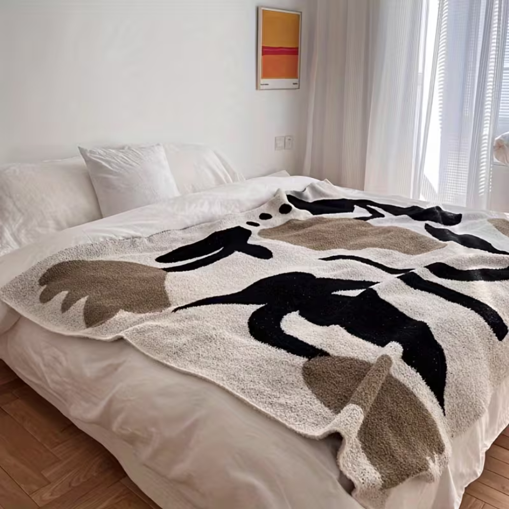 Kuscheldecke Beige Schwarz – Weiche Strickdecke mit Muster für Sofa, Bett & Wohnzimmer
