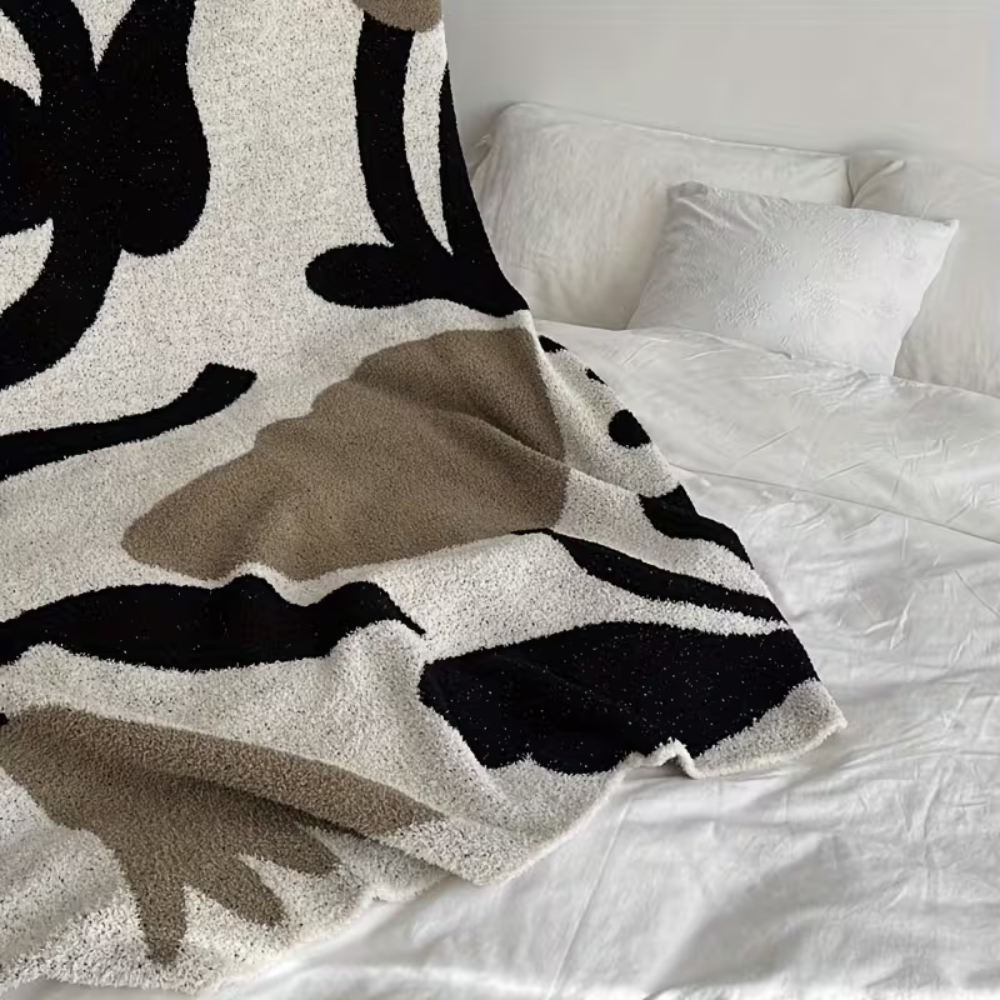 Kuscheldecke Beige Schwarz – Weiche Strickdecke mit Muster für Sofa, Bett & Wohnzimmer