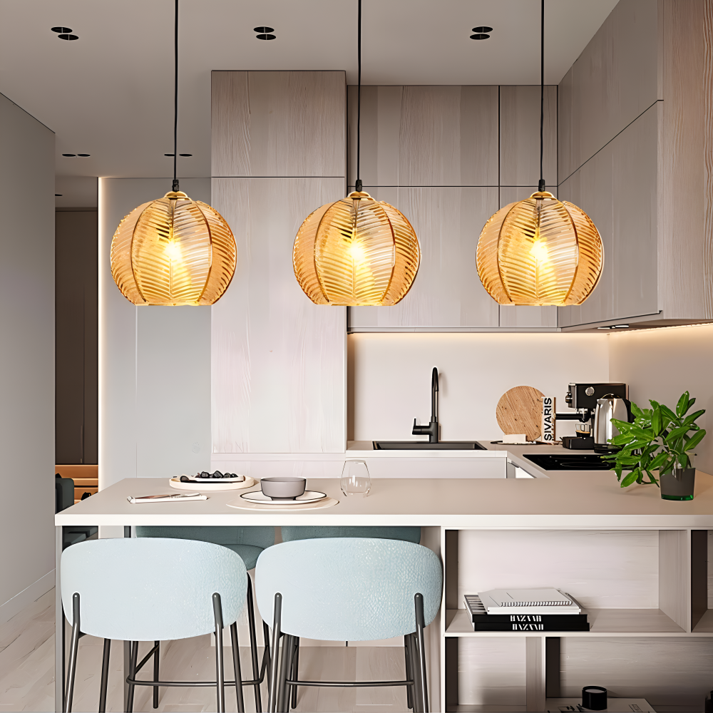 LeafyRib Pendelleuchte - Retro Moderne Gerippte Glas Hängelampe