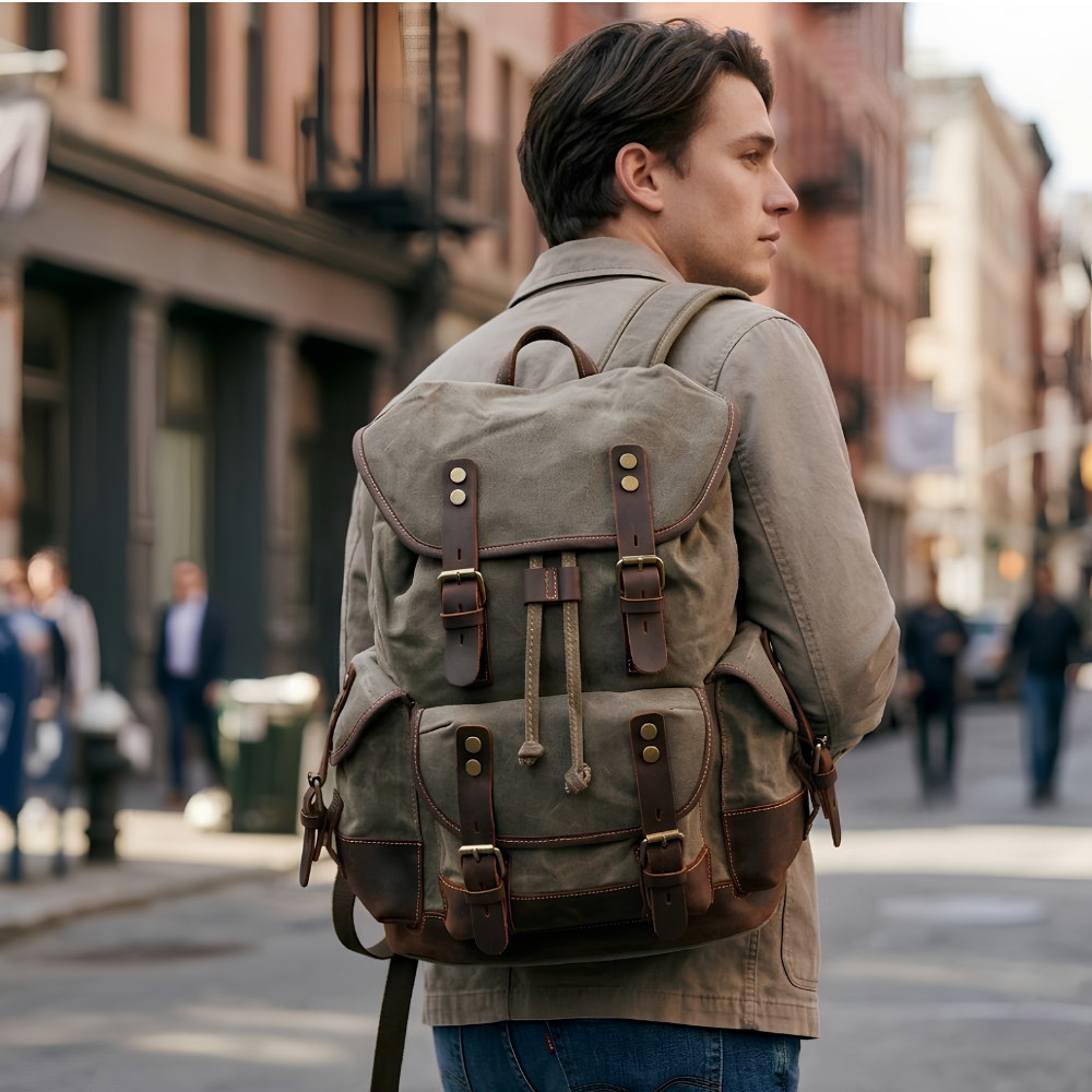 Vintage Wachstuch Canvas Rucksack für Herren - Großer Laptop Tagesrucksack & Reise-Rucksack