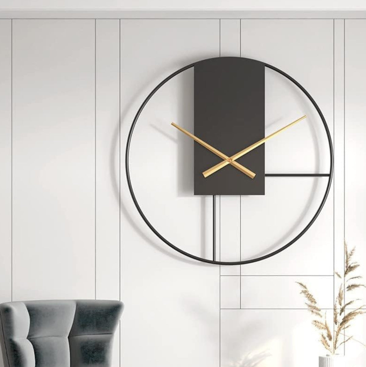 Luna Wanduhr Modern | Eleganter Schwarz-Runder Rahmen mit Goldenen Akzenten 6