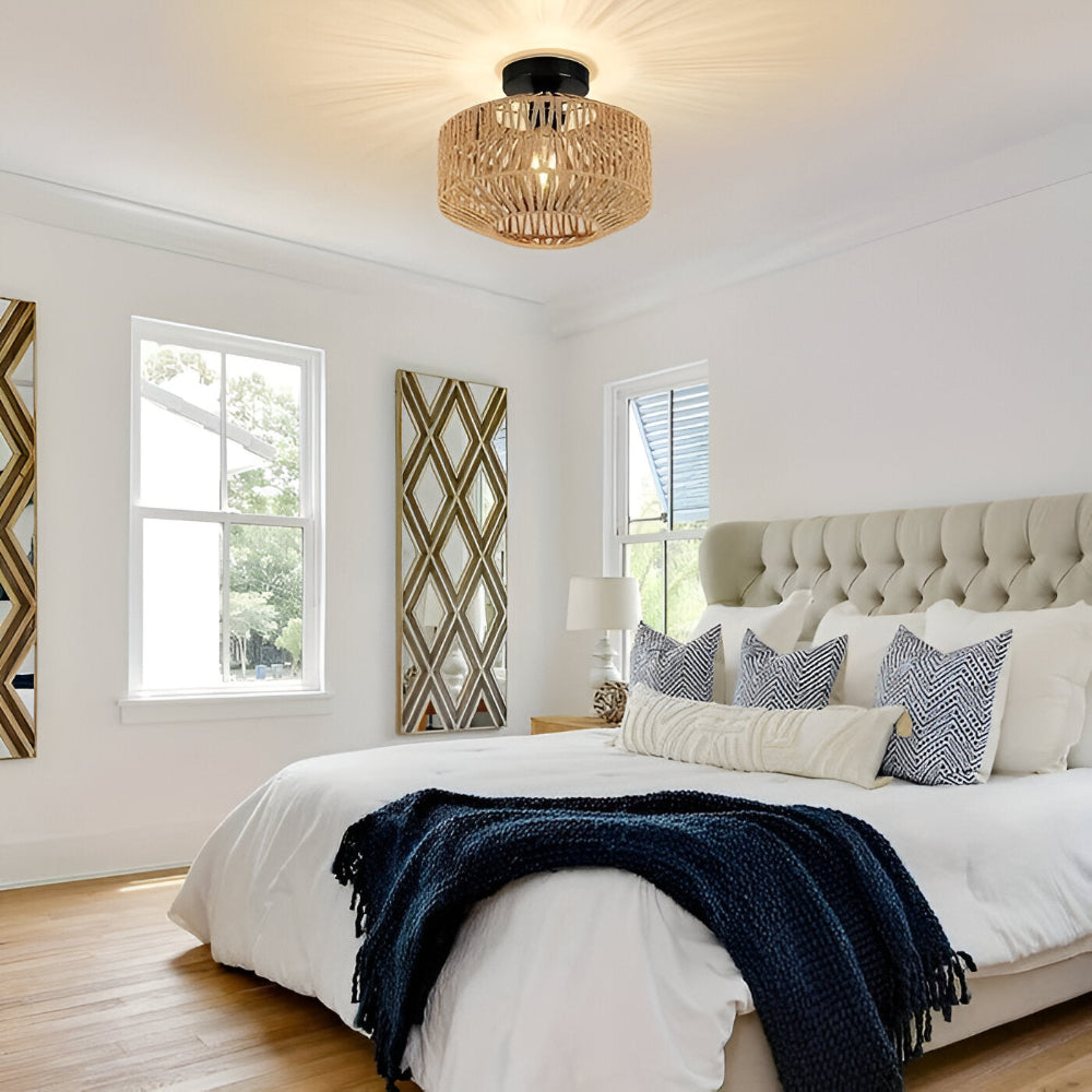 LustreBoho Deckenleuchte - Handgefertigte Rattan-Deckenleuchte - Rattan Flush Mount Leuchte