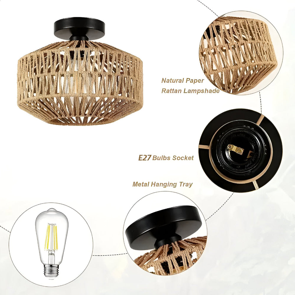 LustreBoho Deckenleuchte - Handgefertigte Rattan-Deckenleuchte - Rattan Flush Mount Leuchte