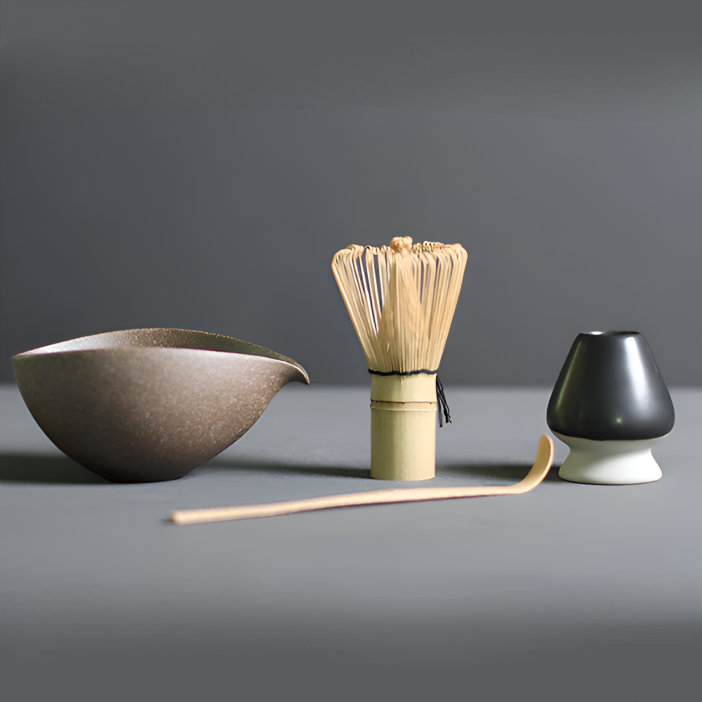 LuxuTea Wares - 4 Stück Bambus Keramik Japanisch Matcha Set
