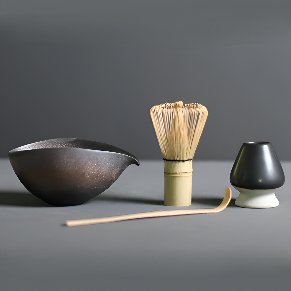 LuxuTea Wares - 4 Stück Bambus Keramik Japanisch Matcha Set