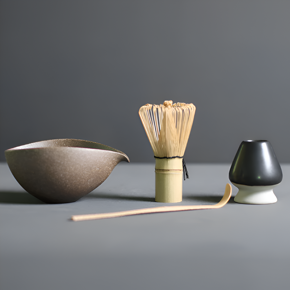 LuxuTea Wares - 4 Stück Bambus Keramik Japanisch Matcha Set