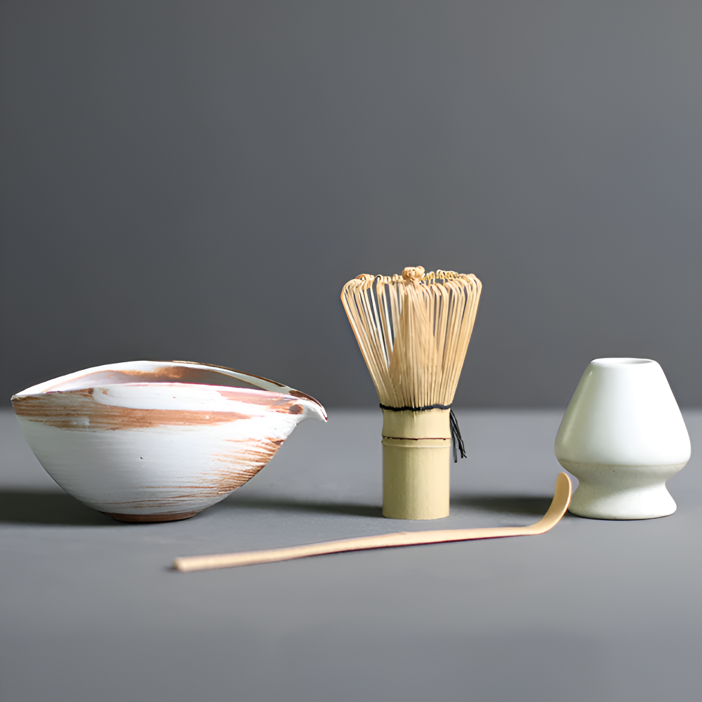 LuxuTea Wares - 4 Stück Bambus Keramik Japanisch Matcha Set