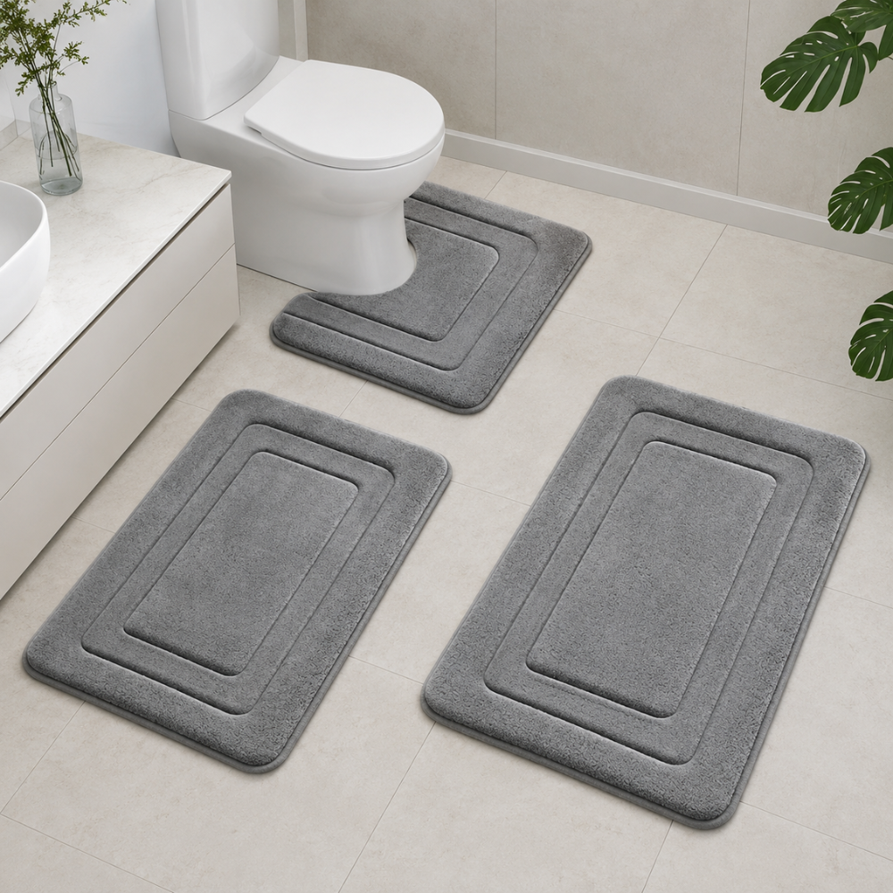 Luxuriöses Memory Foam Badematten-Set 3-teilig - Rutschfestes, Saugfähiges Design in Elegantem Grau für Badezimmer