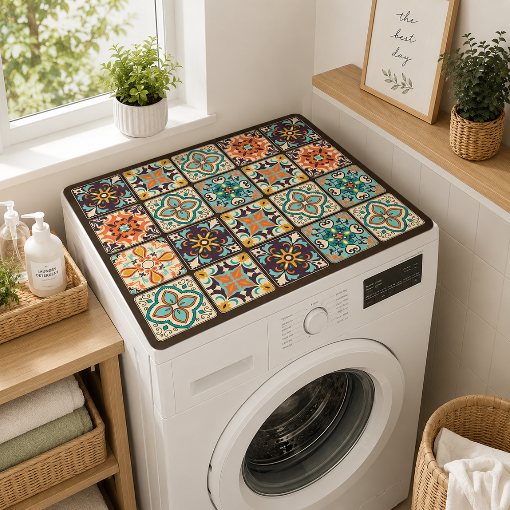 Waschmaschinen Abdeckung mit Retro Mosaik Muster – Schutzmatte für Waschmaschine, Küche & Waschküche
