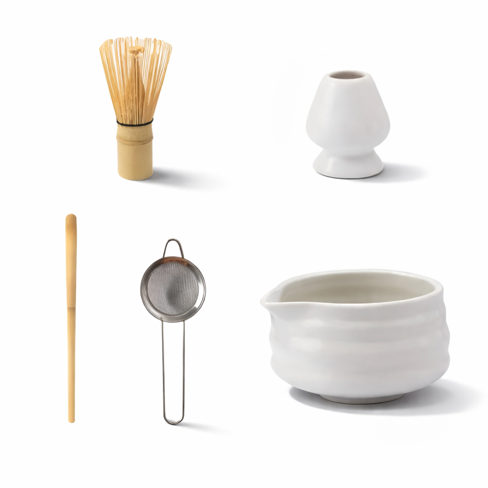 Matcha Tee Set Weiß 5-teilig - Keramik Schale 460ml, Bambus Besen (Chasen), Halter & Sieb - Japanisches Design