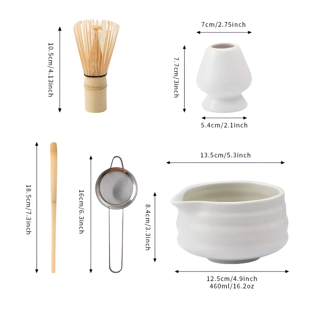 Matcha Tee Set Weiß 5-teilig - Keramik Schale 460ml, Bambus Besen (Chasen), Halter & Sieb - Japanisches Design