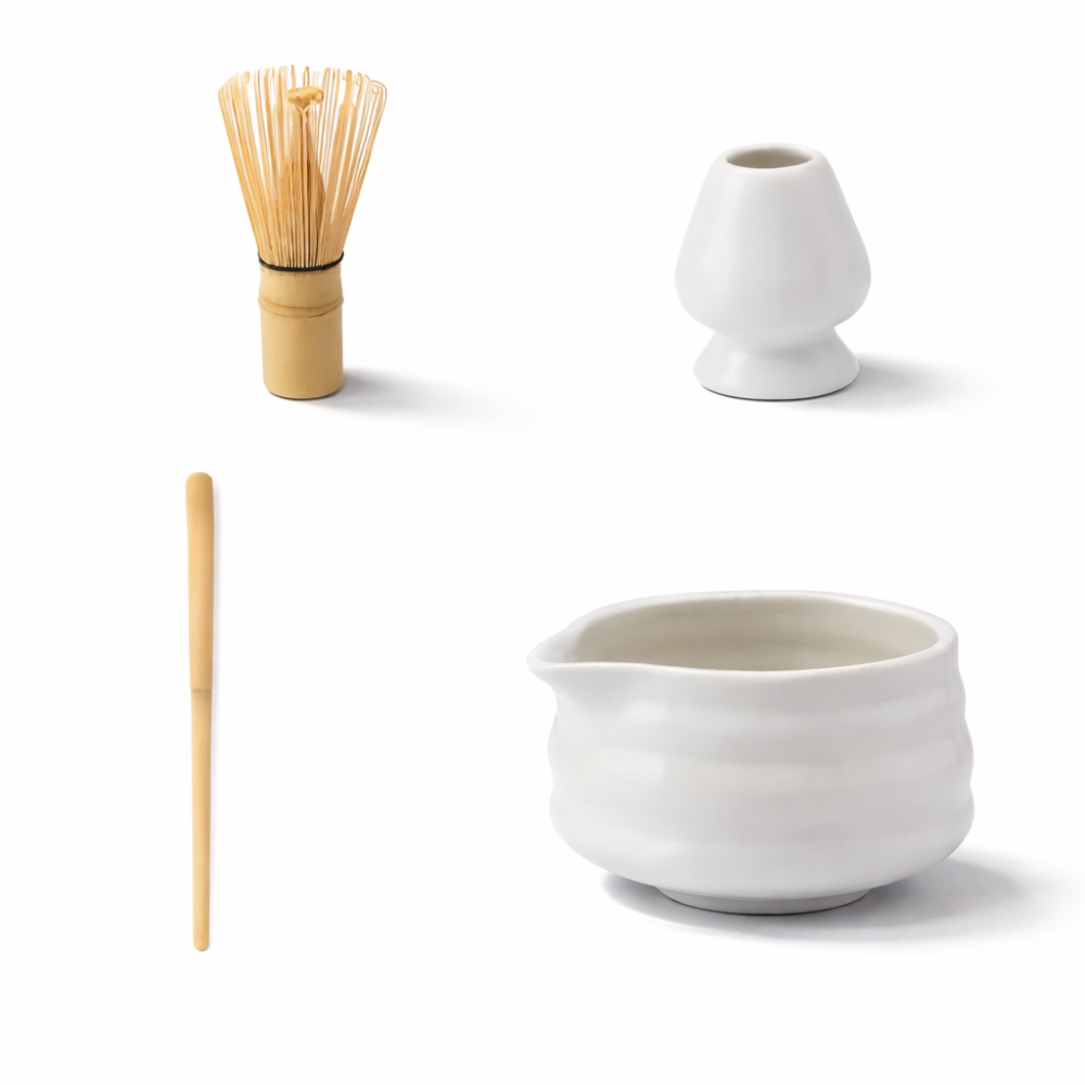 Matcha Tee Set Weiß 5-teilig - Keramik Schale 460ml, Bambus Besen (Chasen), Halter & Sieb - Japanisches Design