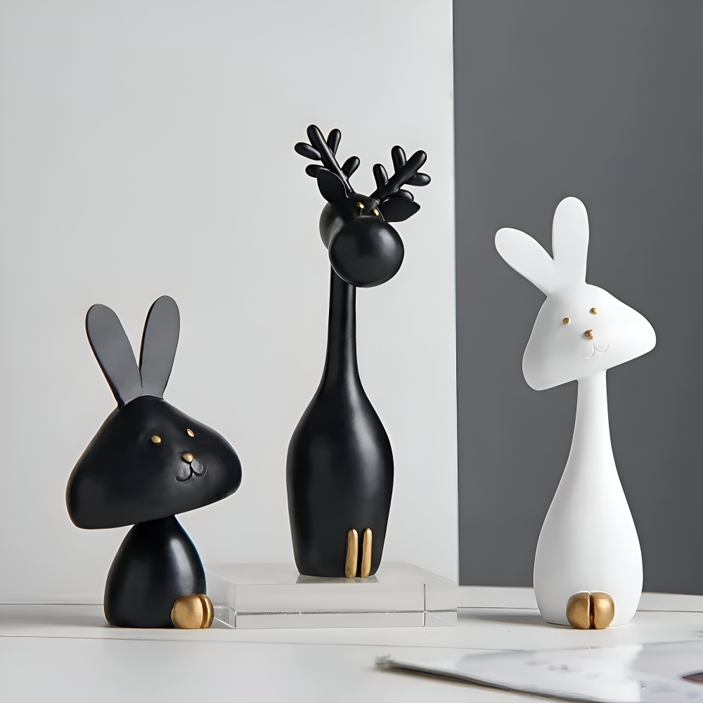 MiniCraft Osterdeko - Schwarz & Weiß Harz Ostern Kaninchen & Hirsch Figuren