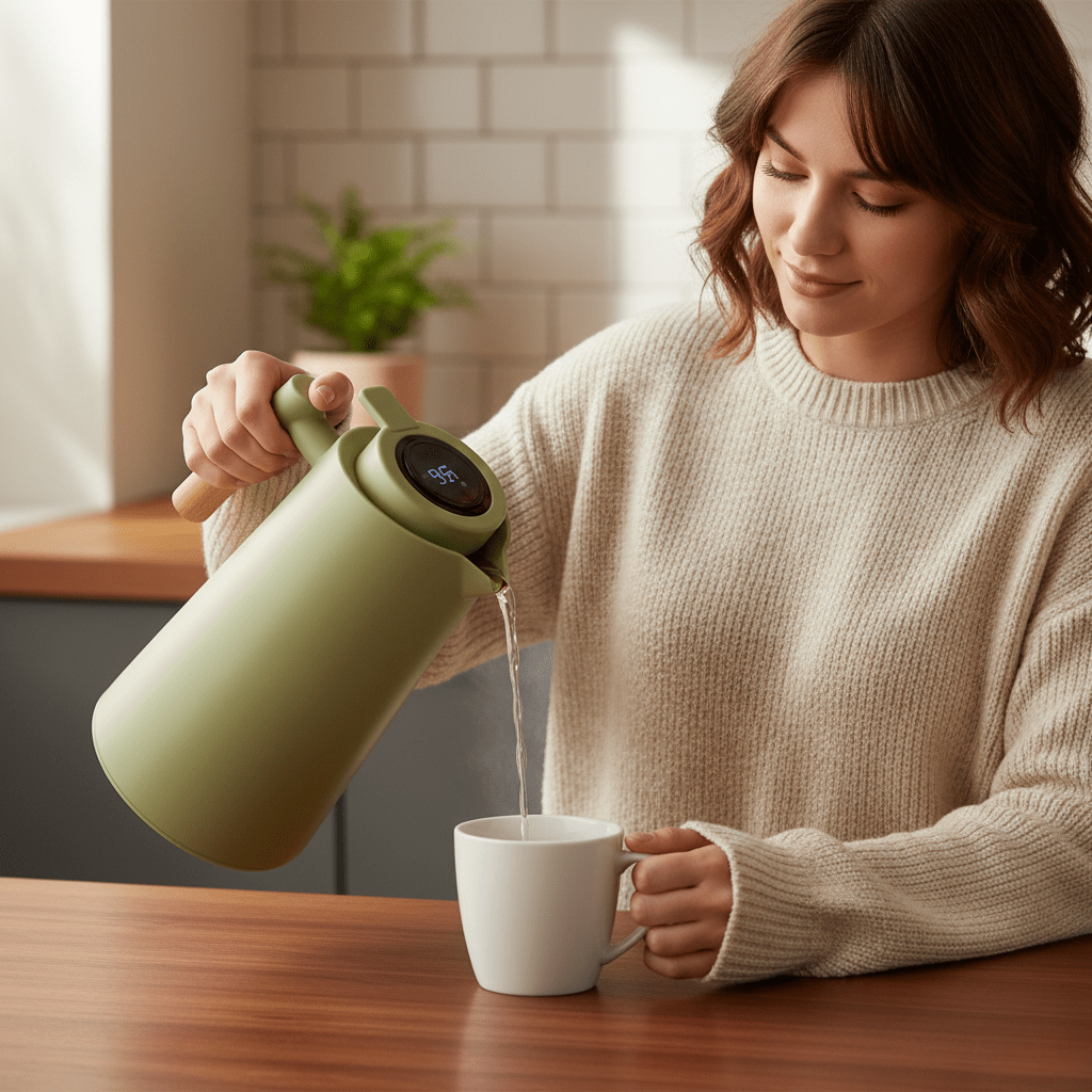 Minimalistische  Thermoskanne 1L - Auslaufsicher Elegantes Design für Heiße und Kalte Getränke 2