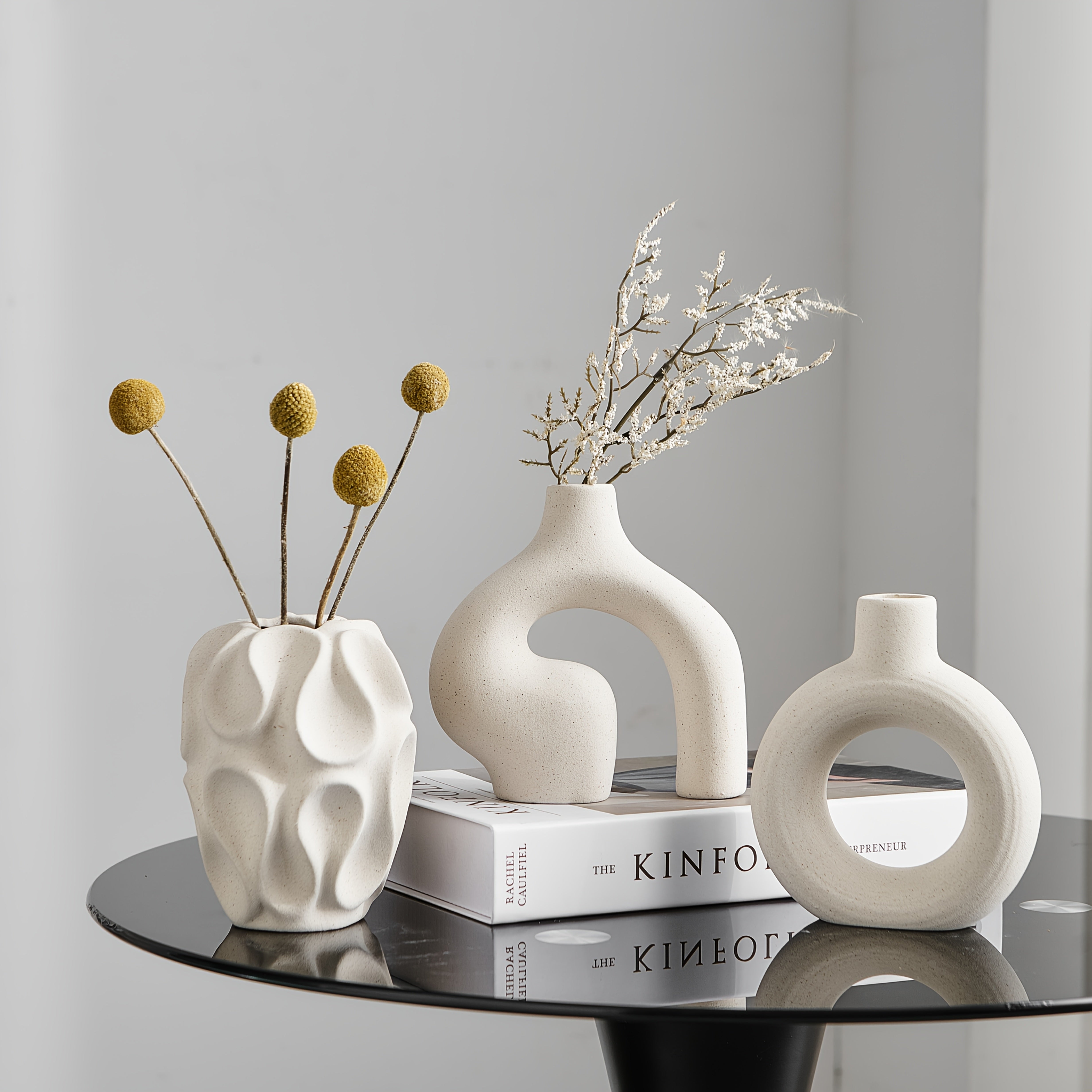 Minimalistisches Boho Vasen Set - 3 Stück Geometrische Keramik in Weiß für Elegante Wohnräume 0
