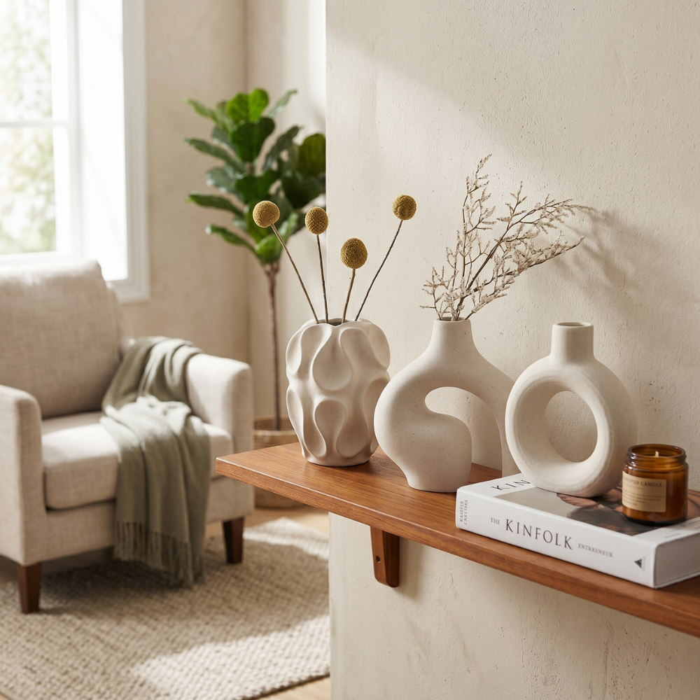 Minimalistisches Boho Vasen Set - 3 Stück Geometrische Keramik in Weiß für Elegante Wohnräume